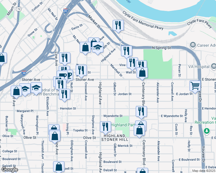 map of restaurants, bars, coffee shops, grocery stores, and more near 415 Egan Street in Shreveport