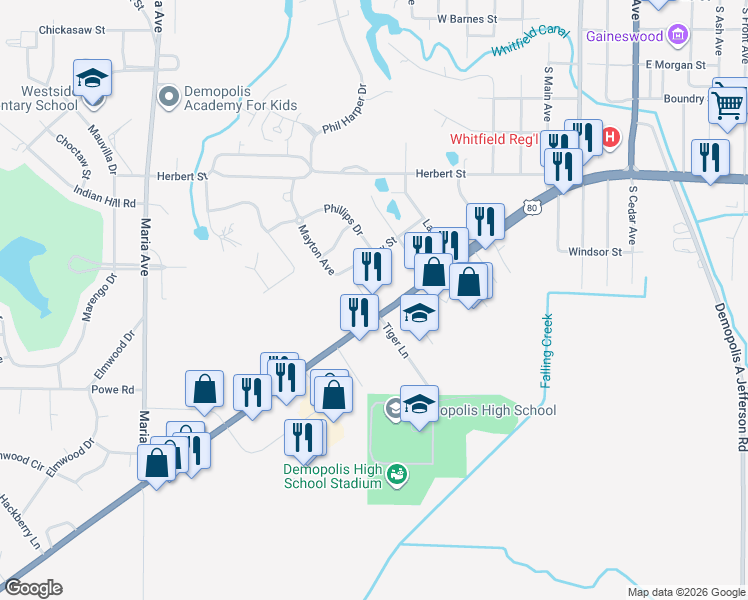 map of restaurants, bars, coffee shops, grocery stores, and more near 606 U.S. 80 in Demopolis