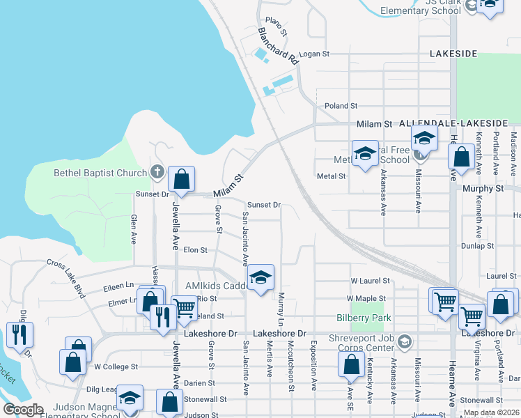map of restaurants, bars, coffee shops, grocery stores, and more near 3425 Sunset Drive in Shreveport