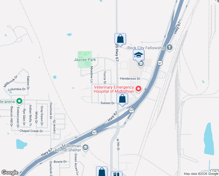 map of restaurants, bars, coffee shops, grocery stores, and more near 1420 Ridgecrest Drive in Midlothian