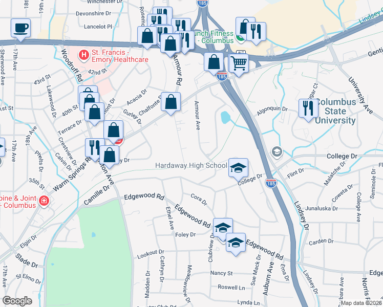 map of restaurants, bars, coffee shops, grocery stores, and more near 3711 Armour Avenue in Columbus