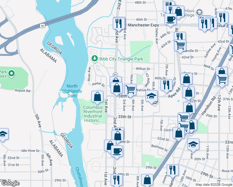 map of restaurants, bars, coffee shops, grocery stores, and more near 3806 2nd Avenue in Columbus