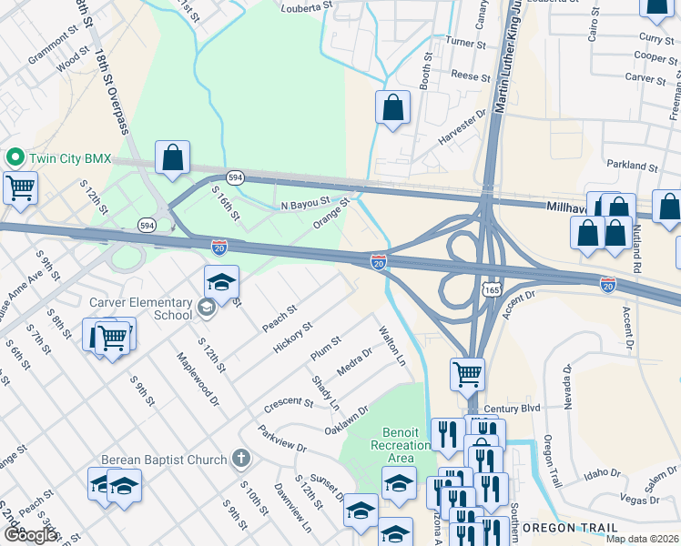 map of restaurants, bars, coffee shops, grocery stores, and more near 1000 South 18th Street in Monroe