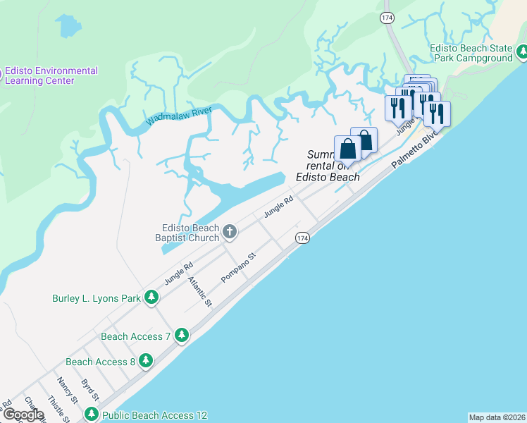 map of restaurants, bars, coffee shops, grocery stores, and more near 313 Jungle Road in Edisto Island