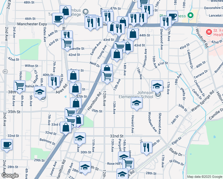 map of restaurants, bars, coffee shops, grocery stores, and more near 3715 13th Avenue in Columbus