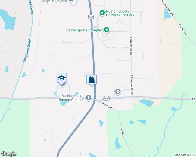 map of restaurants, bars, coffee shops, grocery stores, and more near 100-198 Debra Lane in Ruston