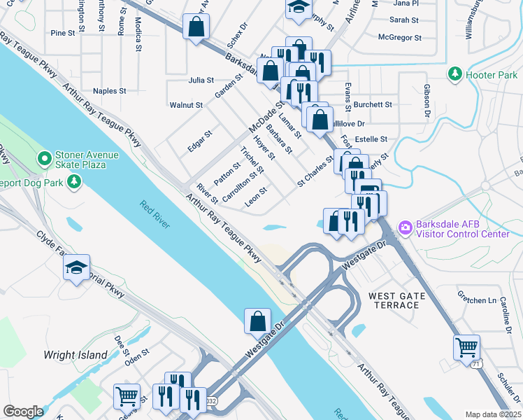 map of restaurants, bars, coffee shops, grocery stores, and more near 712 Saint Charles Street in Bossier City