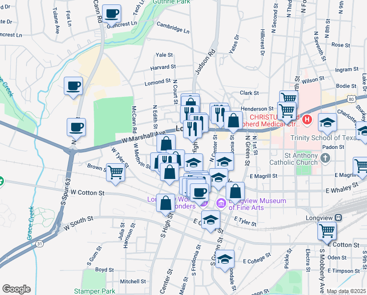 map of restaurants, bars, coffee shops, grocery stores, and more near 205 West Whaley Street in Longview