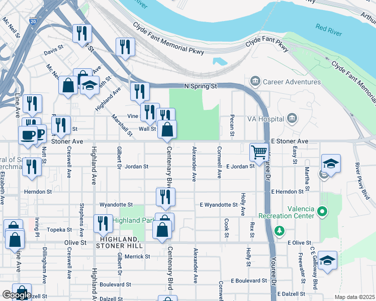 map of restaurants, bars, coffee shops, grocery stores, and more near 126 East Egan Street in Shreveport