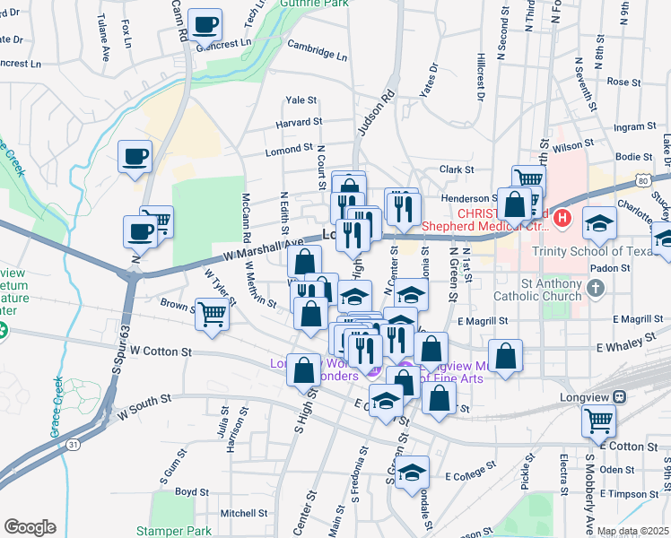 map of restaurants, bars, coffee shops, grocery stores, and more near 205 West Whaley Street in Longview