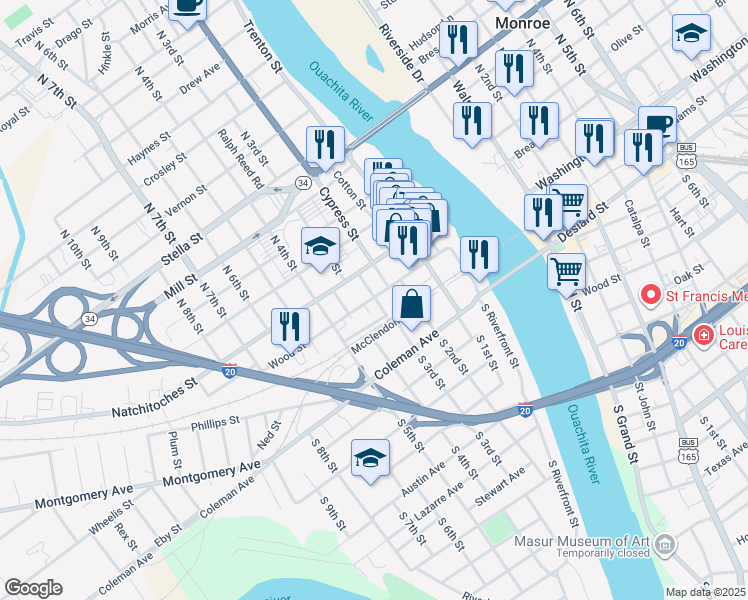 map of restaurants, bars, coffee shops, grocery stores, and more near in West Monroe