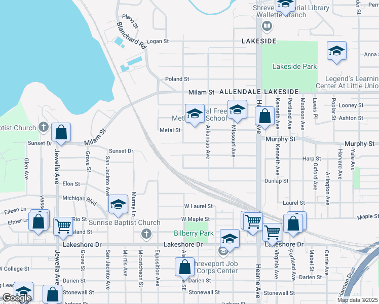 map of restaurants, bars, coffee shops, grocery stores, and more near 2946 Harp Street in Shreveport