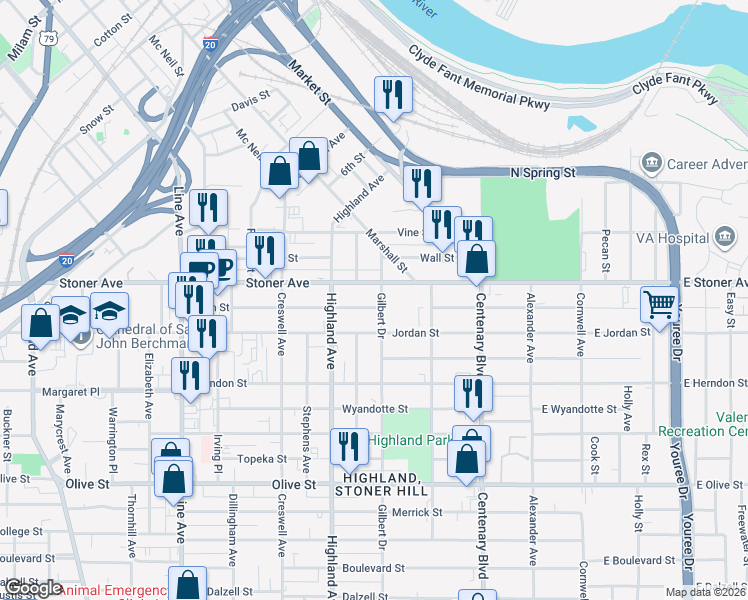 map of restaurants, bars, coffee shops, grocery stores, and more near 415 Egan Street in Shreveport