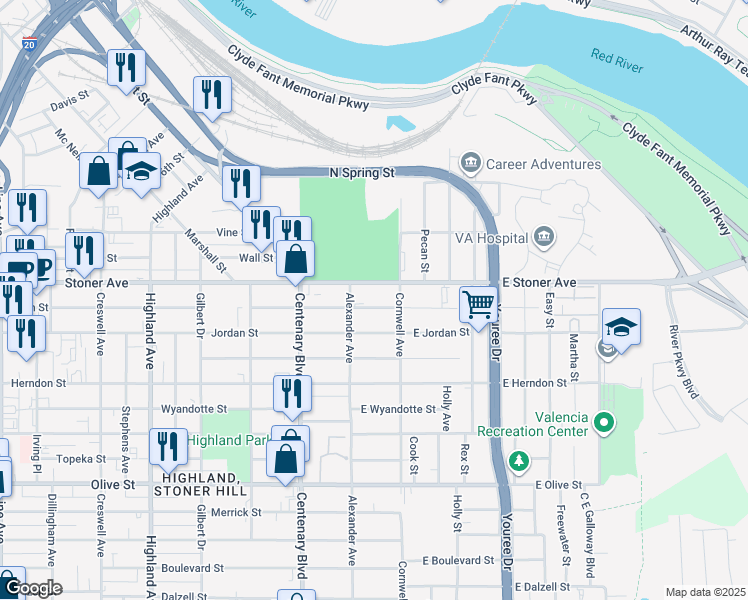 map of restaurants, bars, coffee shops, grocery stores, and more near 126 East Egan Street in Shreveport