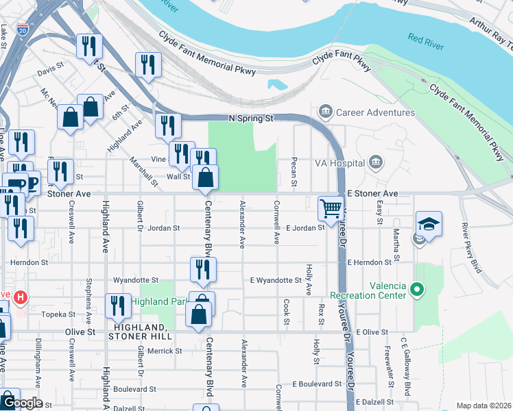 map of restaurants, bars, coffee shops, grocery stores, and more near 119 East Egan Street in Shreveport