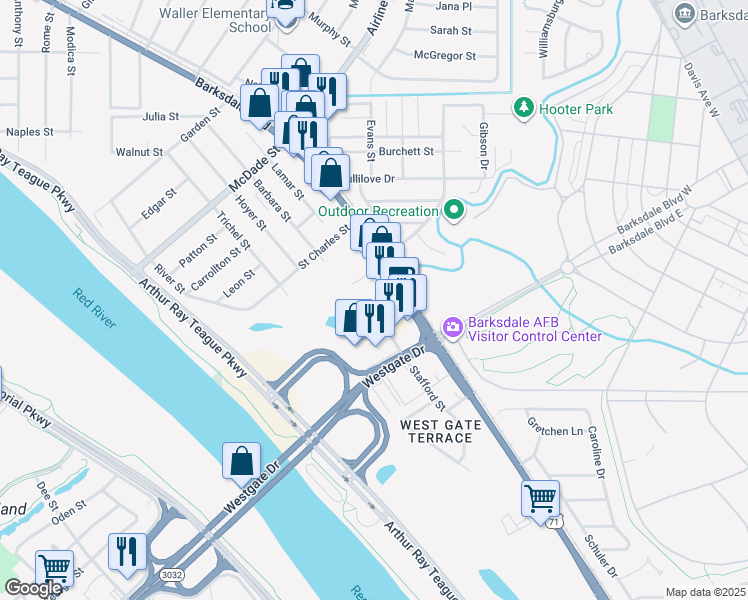 map of restaurants, bars, coffee shops, grocery stores, and more near 2801 Stafford Avenue in Bossier City