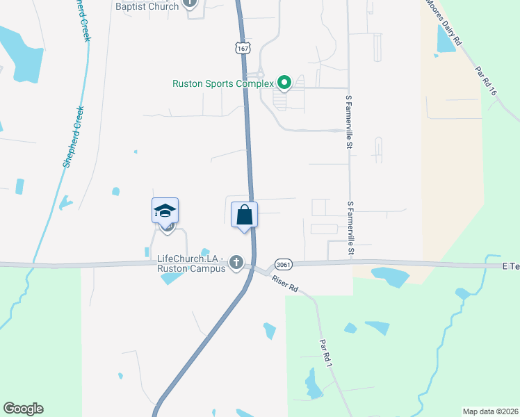 map of restaurants, bars, coffee shops, grocery stores, and more near 2700 South Vienna Street in Ruston