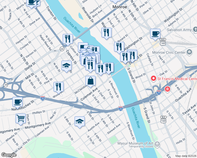 map of restaurants, bars, coffee shops, grocery stores, and more near 108 S 1st St in West Monroe