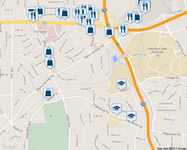 map of restaurants, bars, coffee shops, grocery stores, and more near 3702 Willis Road in Columbus