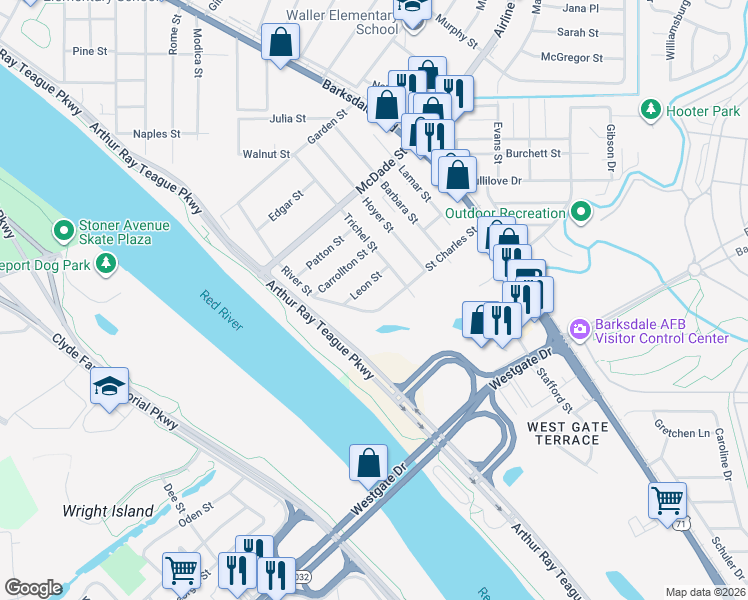 map of restaurants, bars, coffee shops, grocery stores, and more near 705 Saint Charles Street in Bossier City