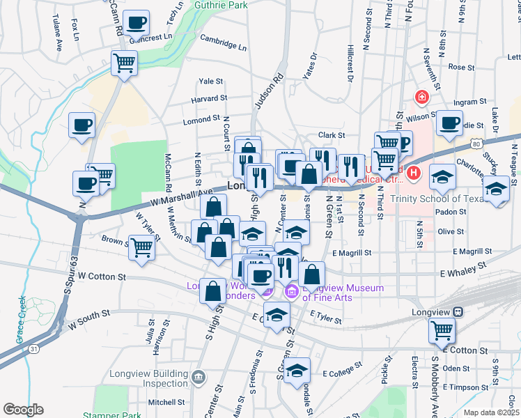 map of restaurants, bars, coffee shops, grocery stores, and more near 412 North High Street in Longview