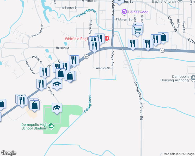 map of restaurants, bars, coffee shops, grocery stores, and more near 1310 Mason Ridge Drive in Demopolis