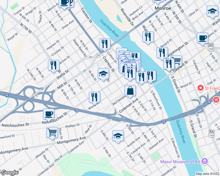 map of restaurants, bars, coffee shops, grocery stores, and more near 201 School Street in West Monroe