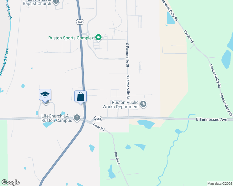 map of restaurants, bars, coffee shops, grocery stores, and more near 419 Emerald Trace Drive in Ruston