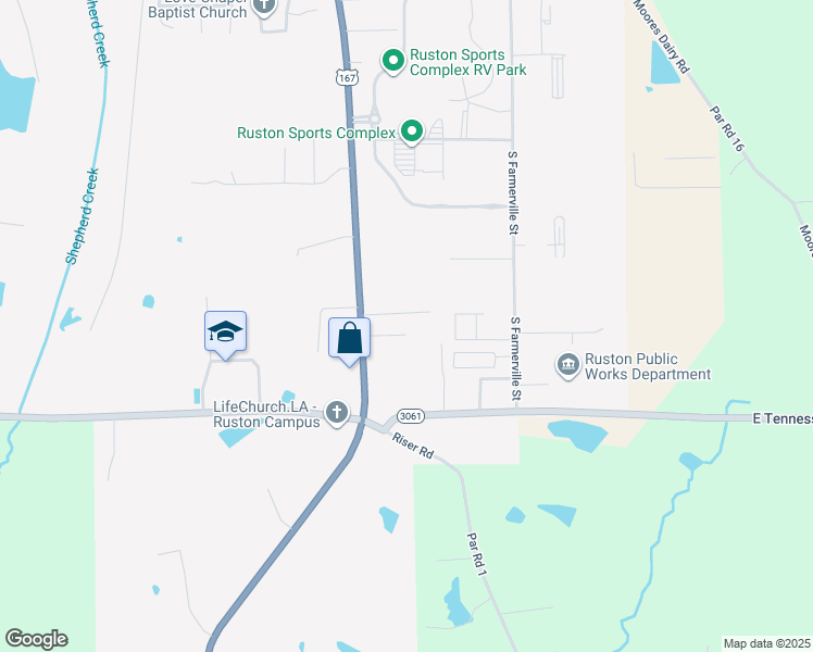 map of restaurants, bars, coffee shops, grocery stores, and more near 100-198 Debra Lane in Ruston