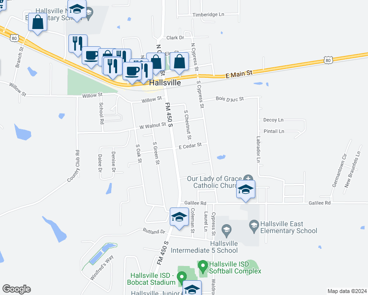map of restaurants, bars, coffee shops, grocery stores, and more near 103 East Cedar Street in Hallsville
