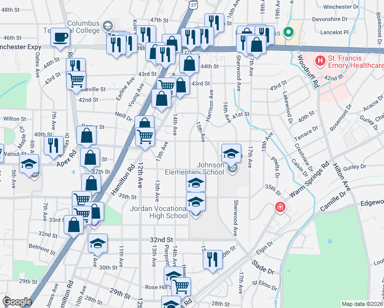 map of restaurants, bars, coffee shops, grocery stores, and more near 3711 Howard Avenue in Columbus