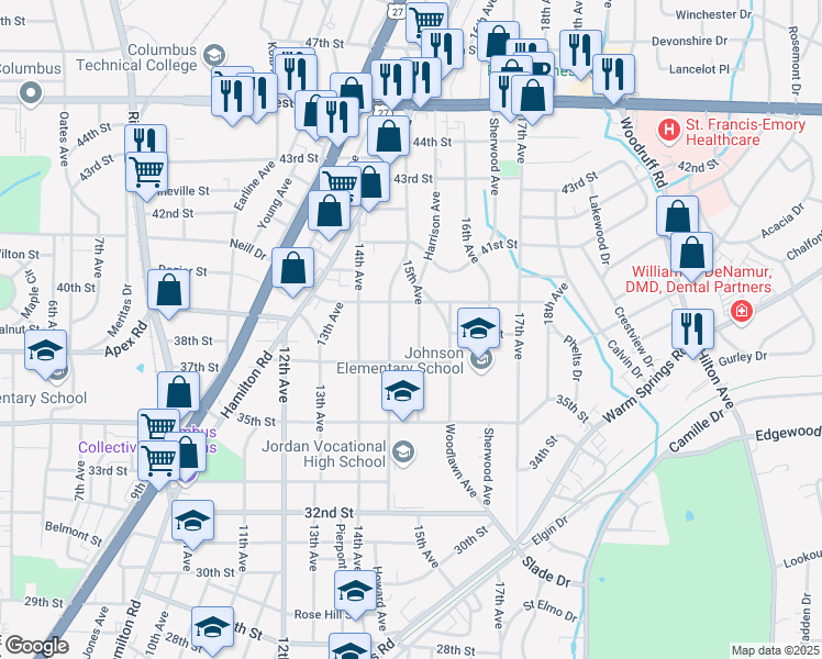 map of restaurants, bars, coffee shops, grocery stores, and more near 3707 15th Avenue in Columbus