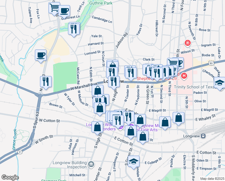 map of restaurants, bars, coffee shops, grocery stores, and more near 412 North High Street in Longview