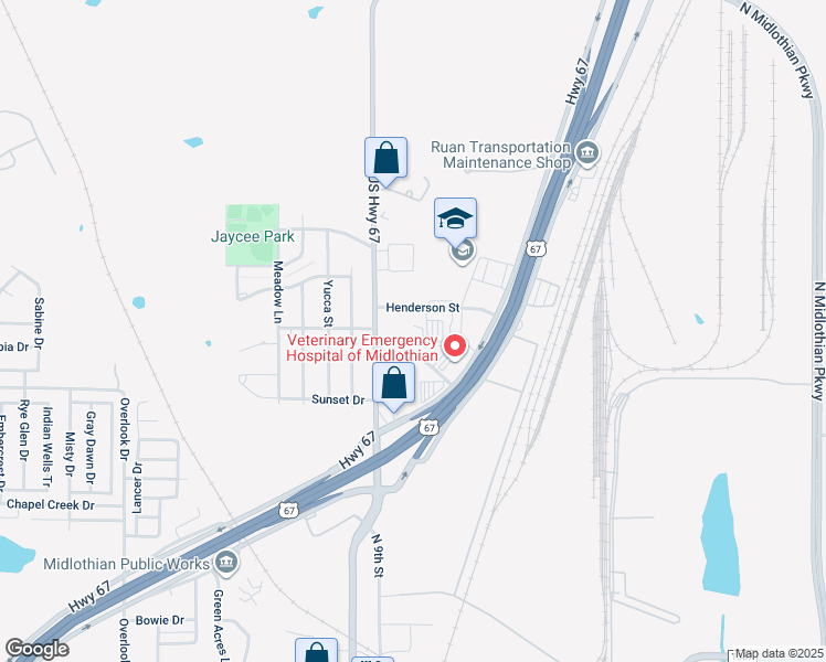 map of restaurants, bars, coffee shops, grocery stores, and more near 205 East Ridgeway Drive in Midlothian