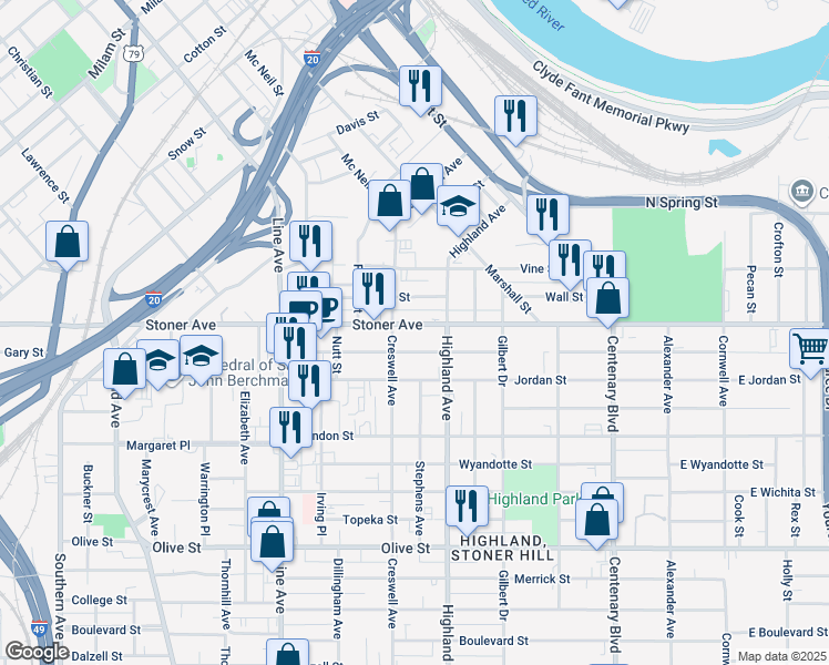 map of restaurants, bars, coffee shops, grocery stores, and more near 531 Egan Street in Shreveport