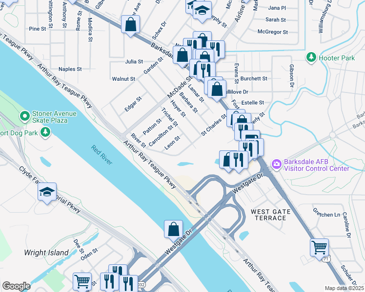 map of restaurants, bars, coffee shops, grocery stores, and more near 712 Saint Charles Street in Bossier City