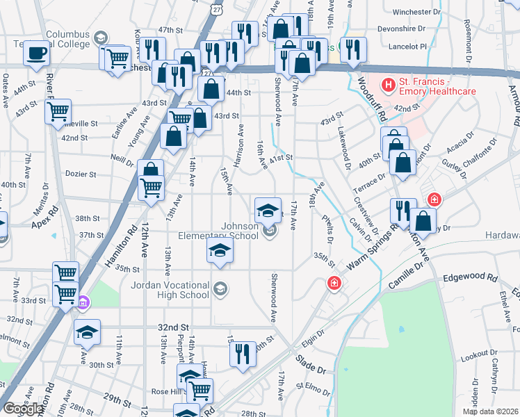 map of restaurants, bars, coffee shops, grocery stores, and more near 1543 38th Street in Columbus