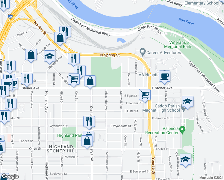 map of restaurants, bars, coffee shops, grocery stores, and more near 135 East Stoner Avenue in Shreveport