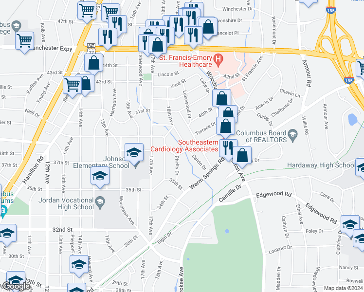 map of restaurants, bars, coffee shops, grocery stores, and more near 3809 Calvin Drive in Columbus