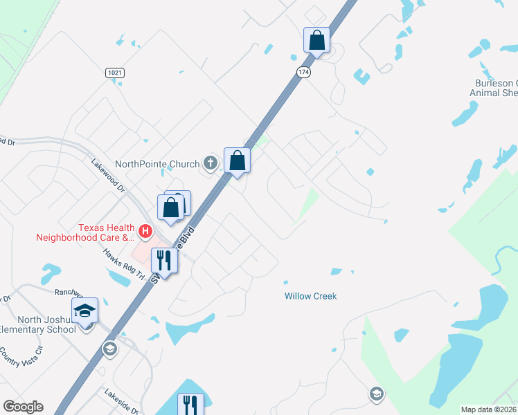 map of restaurants, bars, coffee shops, grocery stores, and more near 449 Wicker Way in Burleson