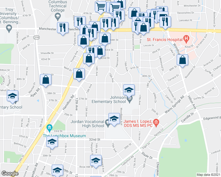 map of restaurants, bars, coffee shops, grocery stores, and more near 3807 15th Avenue in Columbus