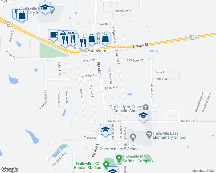 map of restaurants, bars, coffee shops, grocery stores, and more near 103 Cedar Street in Hallsville