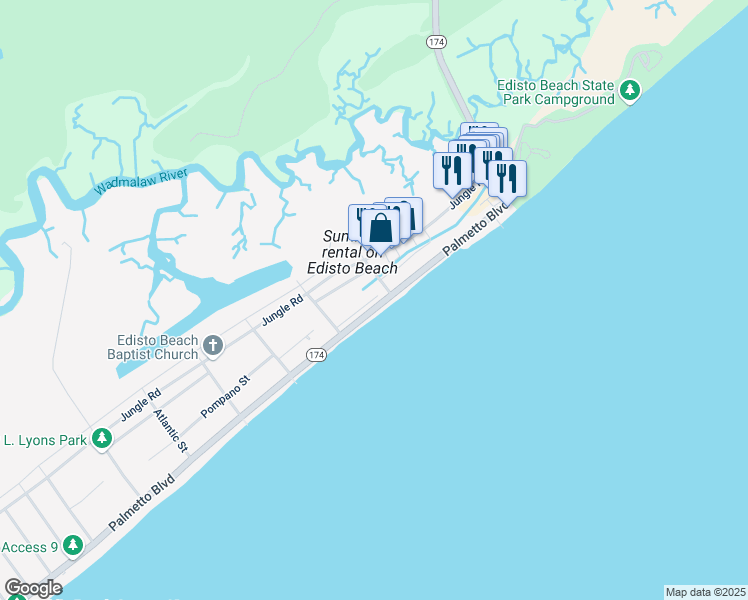 map of restaurants, bars, coffee shops, grocery stores, and more near 201 Lily Street in Edisto Island