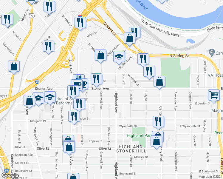 map of restaurants, bars, coffee shops, grocery stores, and more near 517 Stoner Avenue in Shreveport