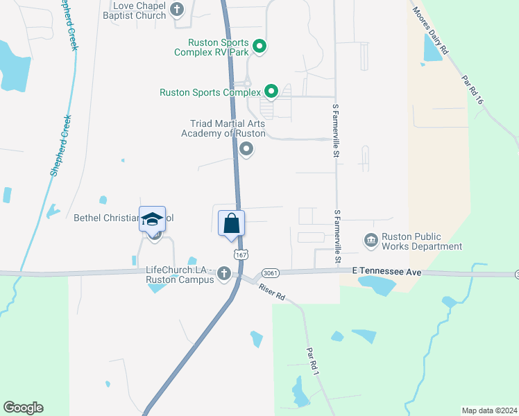 map of restaurants, bars, coffee shops, grocery stores, and more near Timbers Avenue in Ruston