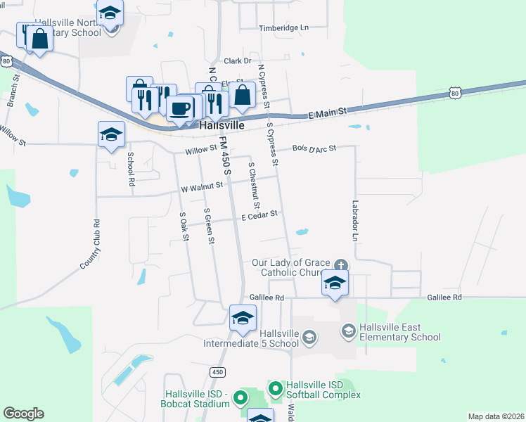 map of restaurants, bars, coffee shops, grocery stores, and more near 308 South Chestnut Street in Hallsville