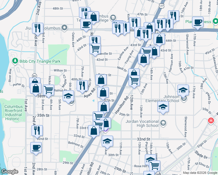 map of restaurants, bars, coffee shops, grocery stores, and more near 931 39th Street in Columbus