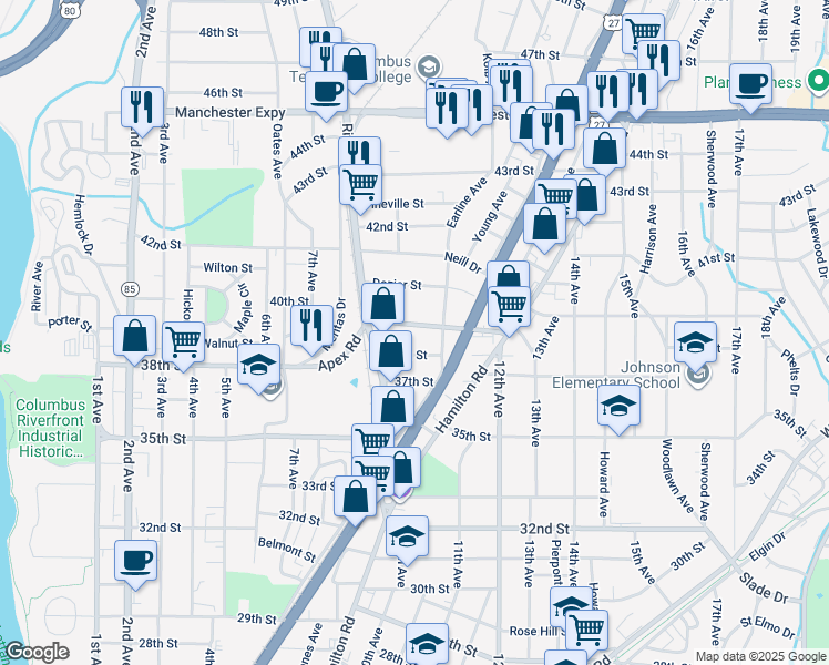 map of restaurants, bars, coffee shops, grocery stores, and more near 1006 39th Street in Columbus