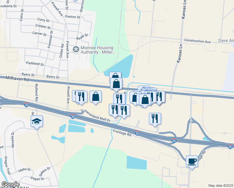 map of restaurants, bars, coffee shops, grocery stores, and more near 4700 Millhaven Road in Monroe