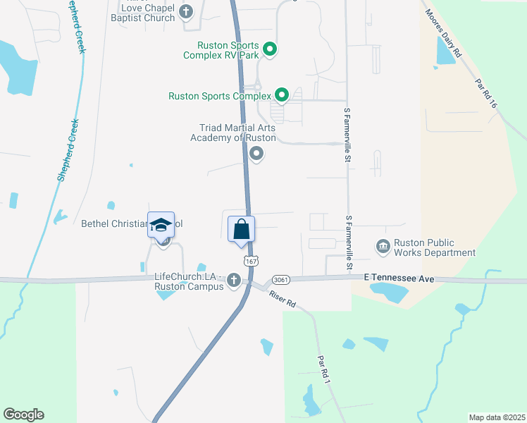 map of restaurants, bars, coffee shops, grocery stores, and more near 115 Timbers Avenue in Ruston